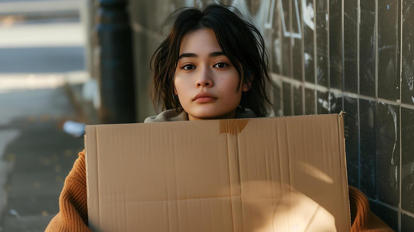 AI generated Young Homeless Woman Holds Sign on Sidewalk Bathed in Soft Natural Light photo