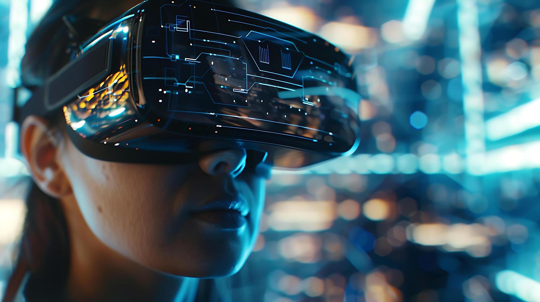 AI generated Immersive Future Woman in VR Goggles Amidst Colorful Digital Graphics photo