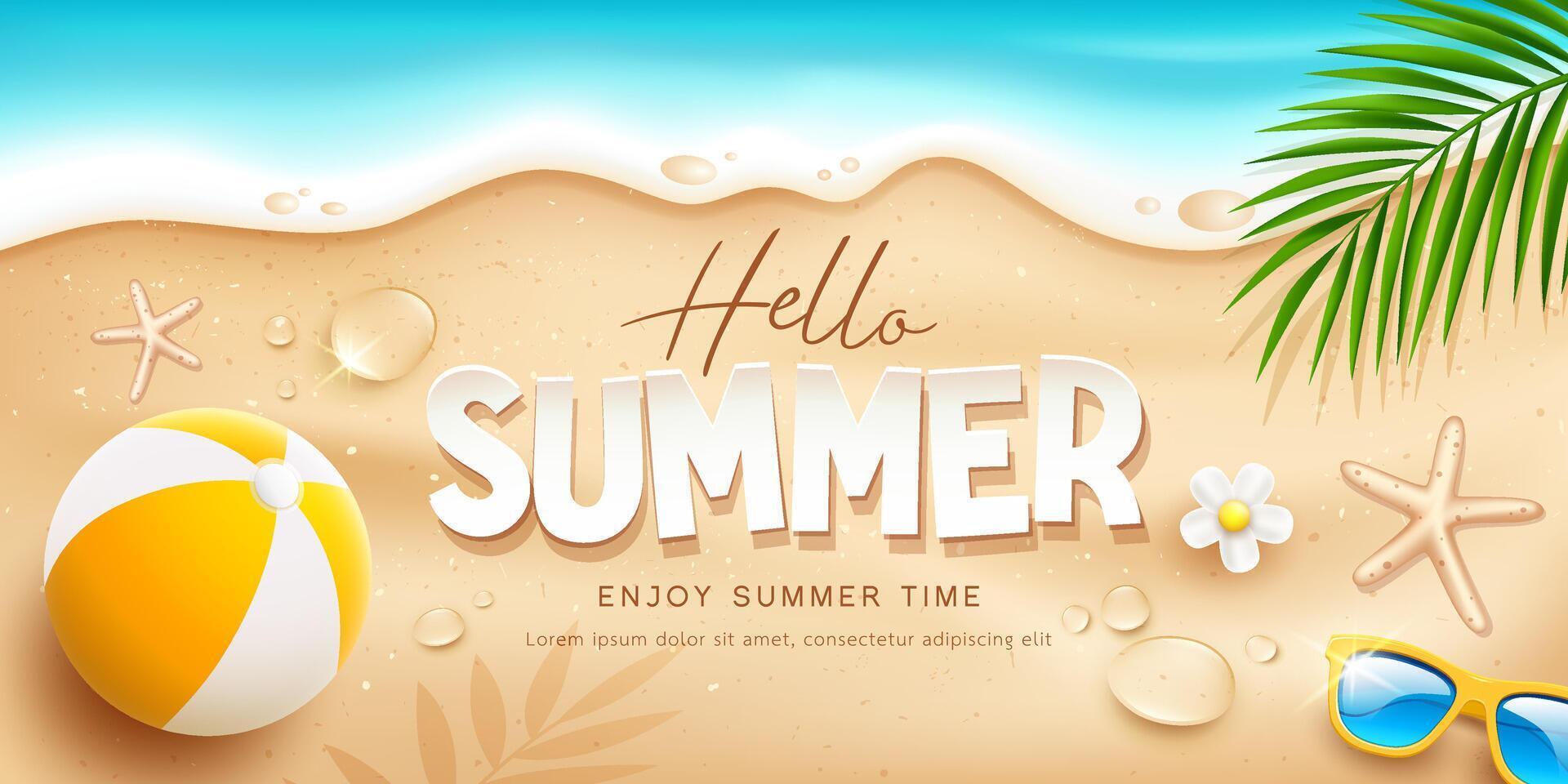 verano fiesta playa pelota y Gafas de sol, agua gota, blanco flor, Coco hoja, bandera diseño en arena playa fondo, eps 10 vector ilustración
