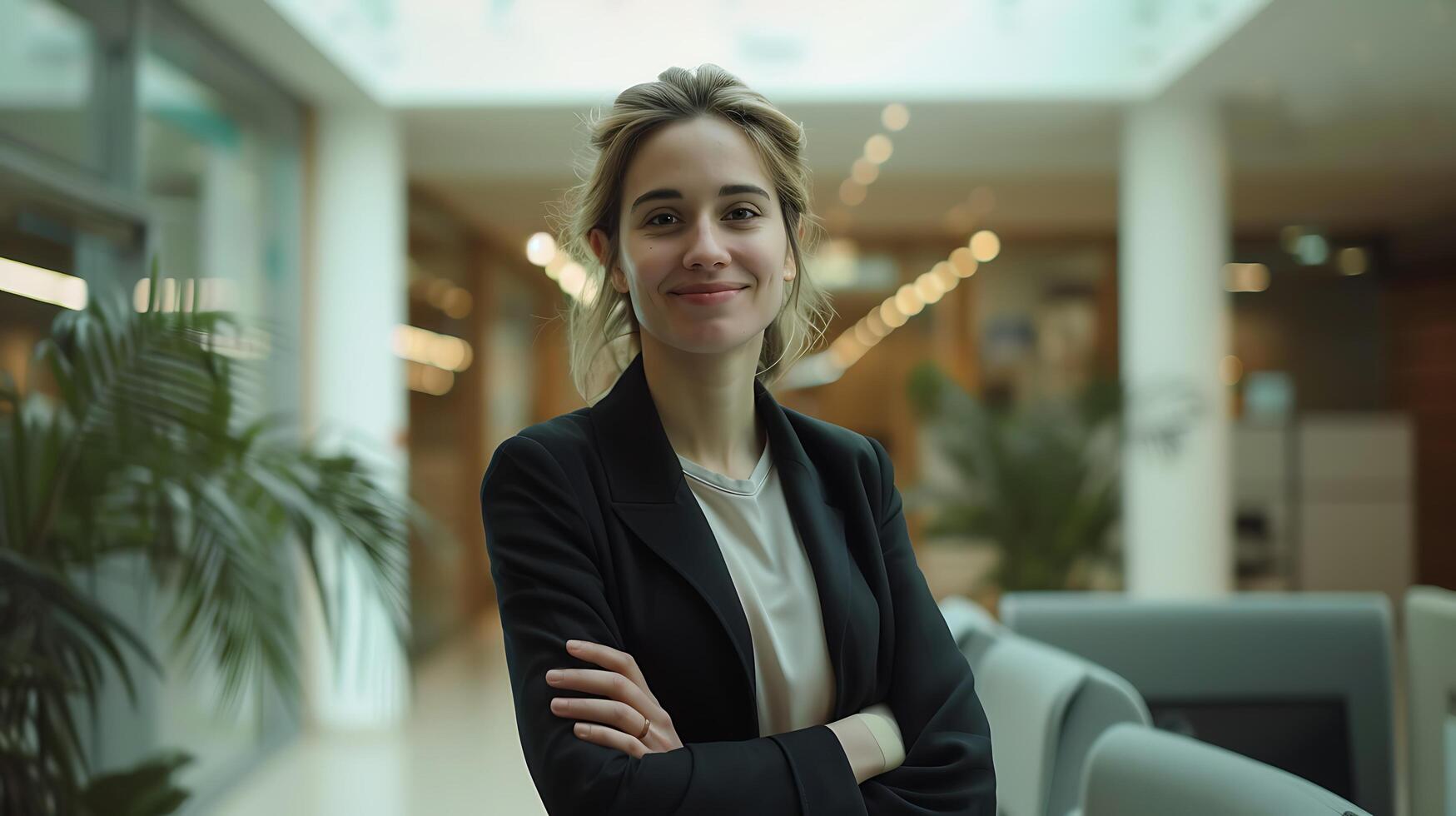 AI generated Confident Businesswoman Graces Modern Office Smiling in Medium Shot with 50mm Lens photo