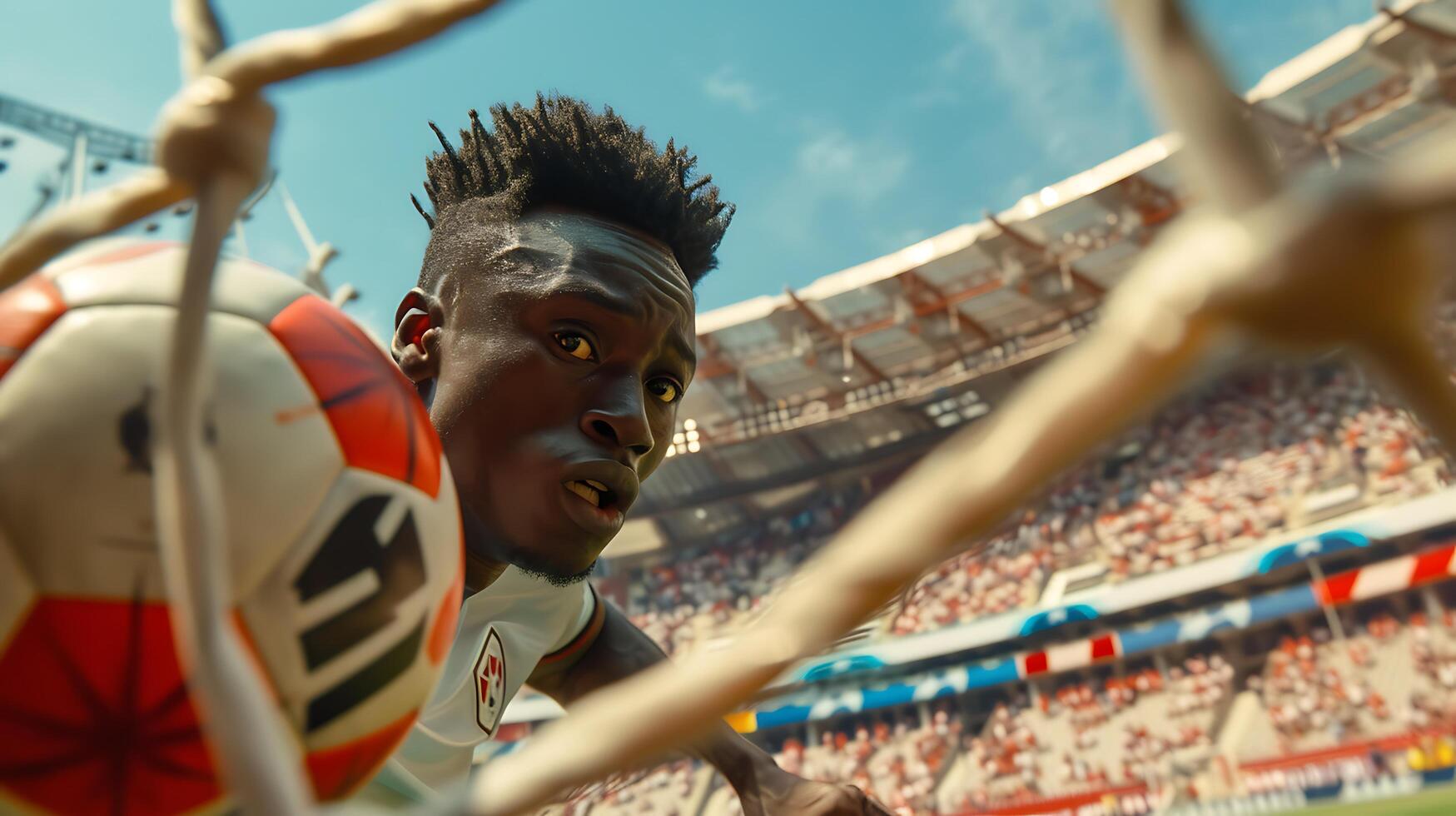 AI generated Intense Midair Soccer Kick Captured with 200mm Telephoto Lens Amid Cheering Fans photo