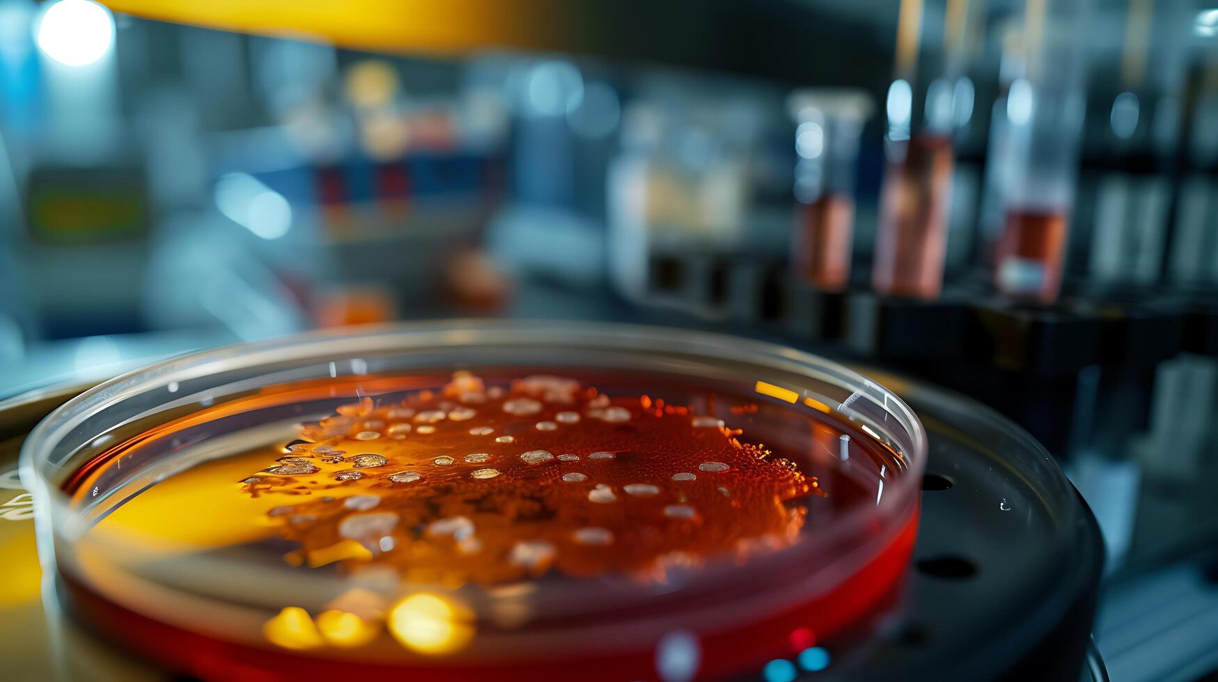 AI generated Bacterial Colonies Thrive in Petri Dish as Laboratory Equipment Waits in the Background photo