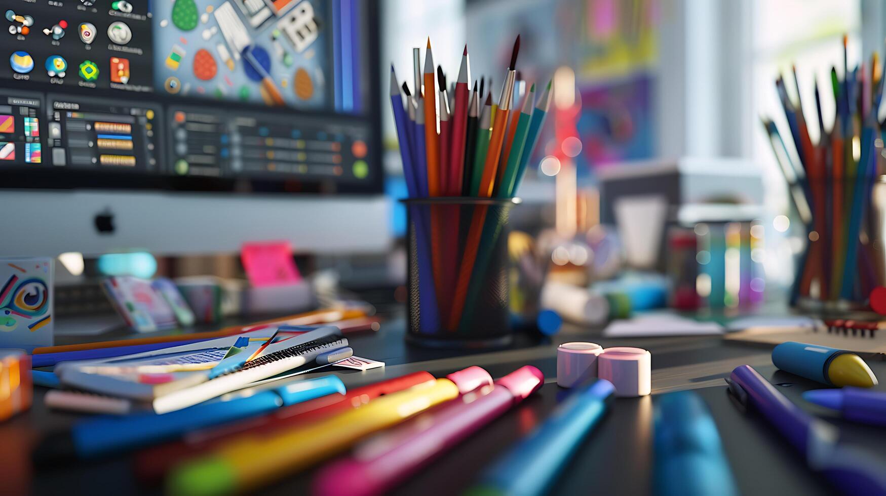 AI generated Designers Desk Colorful Swatches Pencils Computer Monitor  DetailCaptured CloseUp Shot with 50mm Lens photo