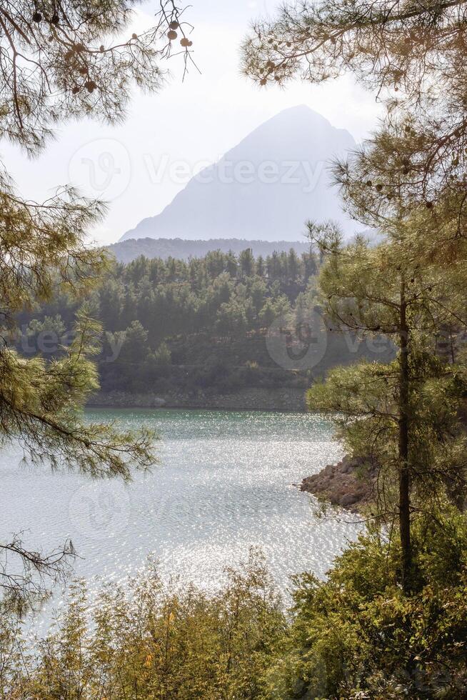 ver desde pino arboles en lago con limpiar agua y rodeando hermosa montañas en soleado día. doyran estanque, antalya, pavo. foto