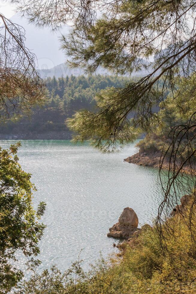 ver desde pino arboles en lago con limpiar agua y rodeando hermosa montañas en soleado día. doyran estanque, antalya, pavo. foto
