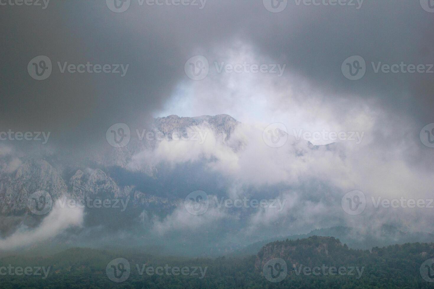 View on Sivri Dag mountain in thunder weather. One of the most famous places for climbing and hiking in Turkey, Antalya. photo