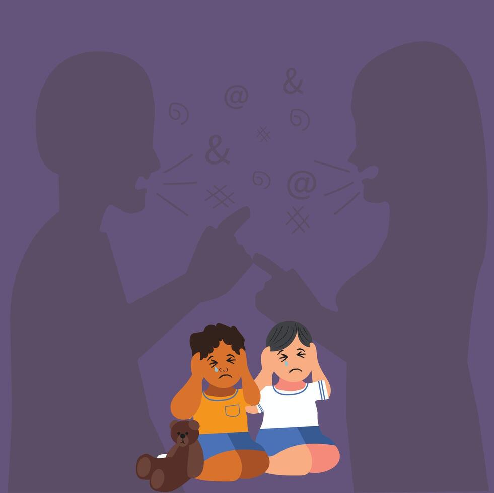 Little crying frightened girl watching her parents shouting and quarrelling. Violence in a family concept banner flyer or landing page.Angry parents. Wrong education, psychological trauma. vector