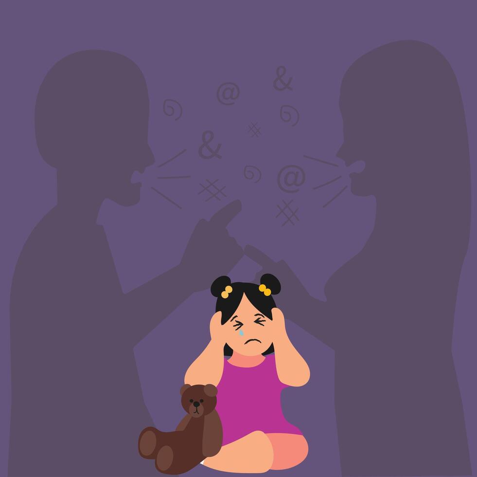Little crying frightened girl watching her parents shouting and quarrelling. Violence in a family concept banner flyer or landing page.Angry parents. Wrong education, psychological trauma. vector