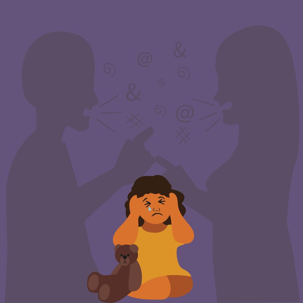 Little crying frightened girl watching her parents shouting and quarrelling. Violence in a family concept banner flyer or landing page.Angry parents. Wrong education, psychological trauma. vector