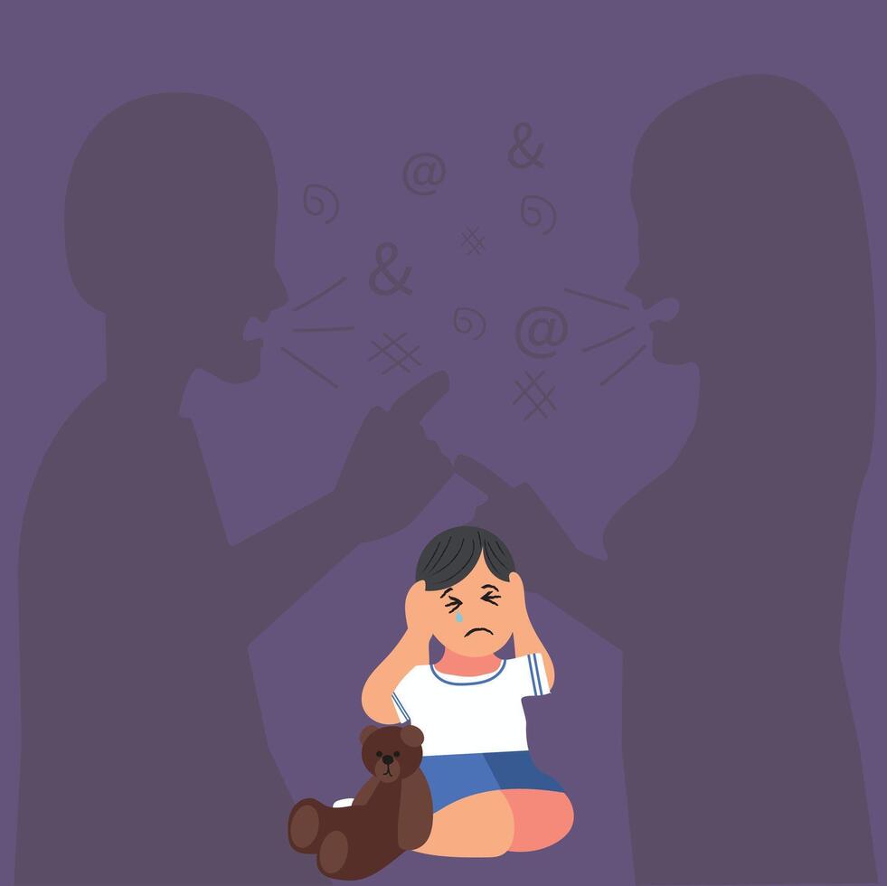 Little crying frightened boy watching her parents shouting and quarrelling. Violence in a family concept banner flyer or landing page.Angry parents. Wrong education, psychological trauma. vector