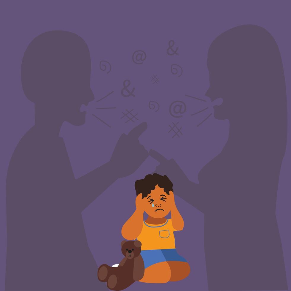 Little crying frightened boy watching her parents shouting and quarrelling. Violence in a family concept banner flyer or landing page.Angry parents. Wrong education, psychological trauma. vector