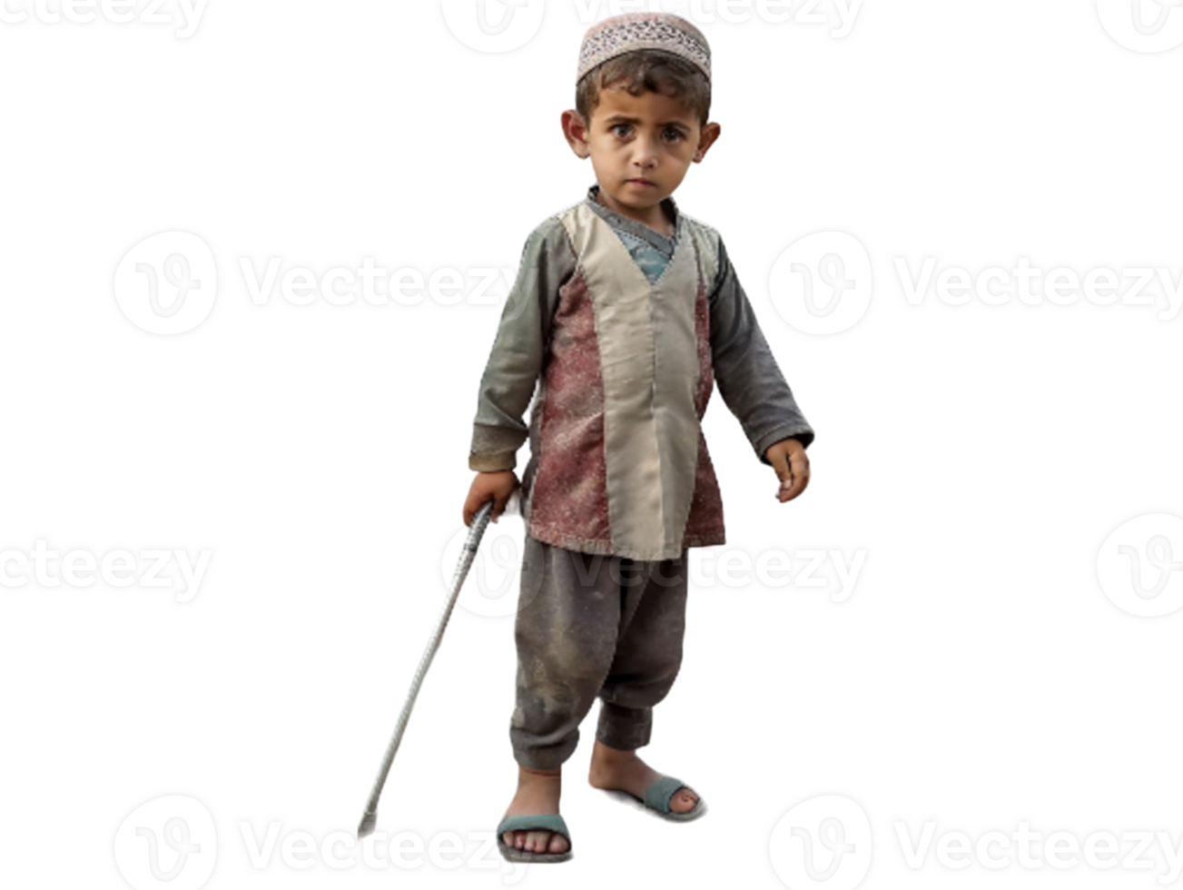 AI generated Young child standing amidst ruins- png