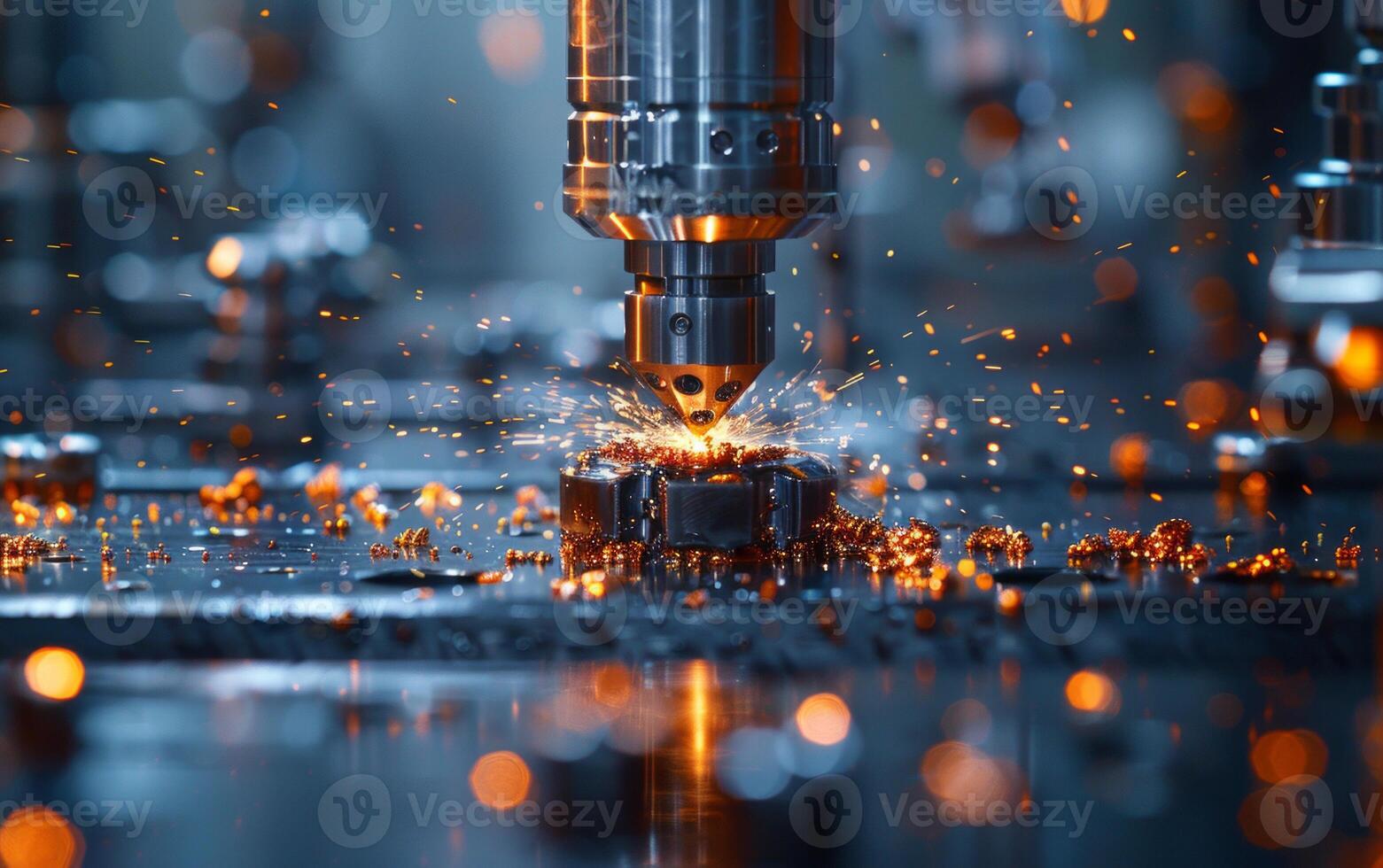 AI generated The CNC milling machine cutting the sample part with the sparking light.Modern manufacturing process. photo