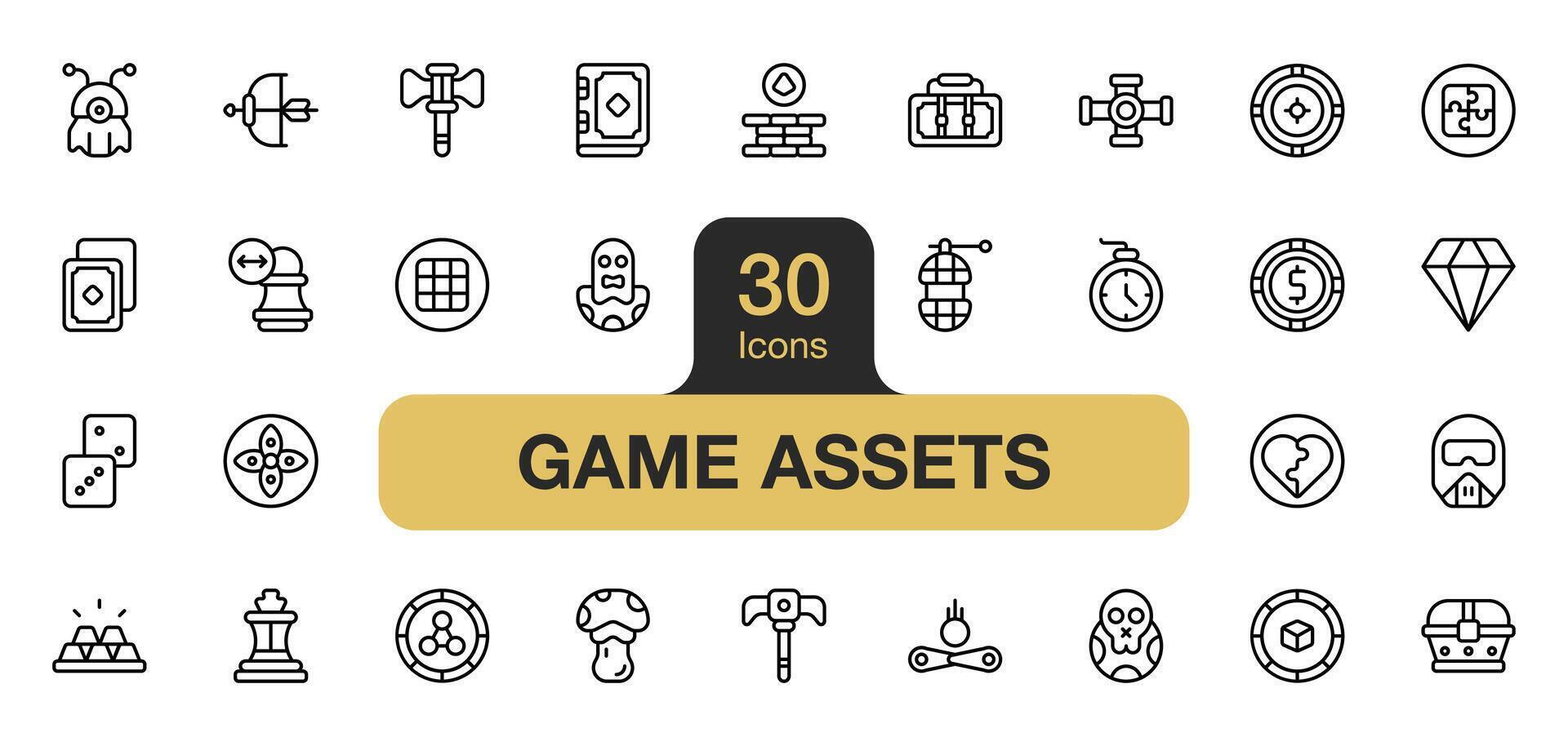 Set of 30 Game Assets icon element sets. Includes brick, ingot, diamond, dice, chessboard, pinball, alien, and More. Outline icons vector collection.