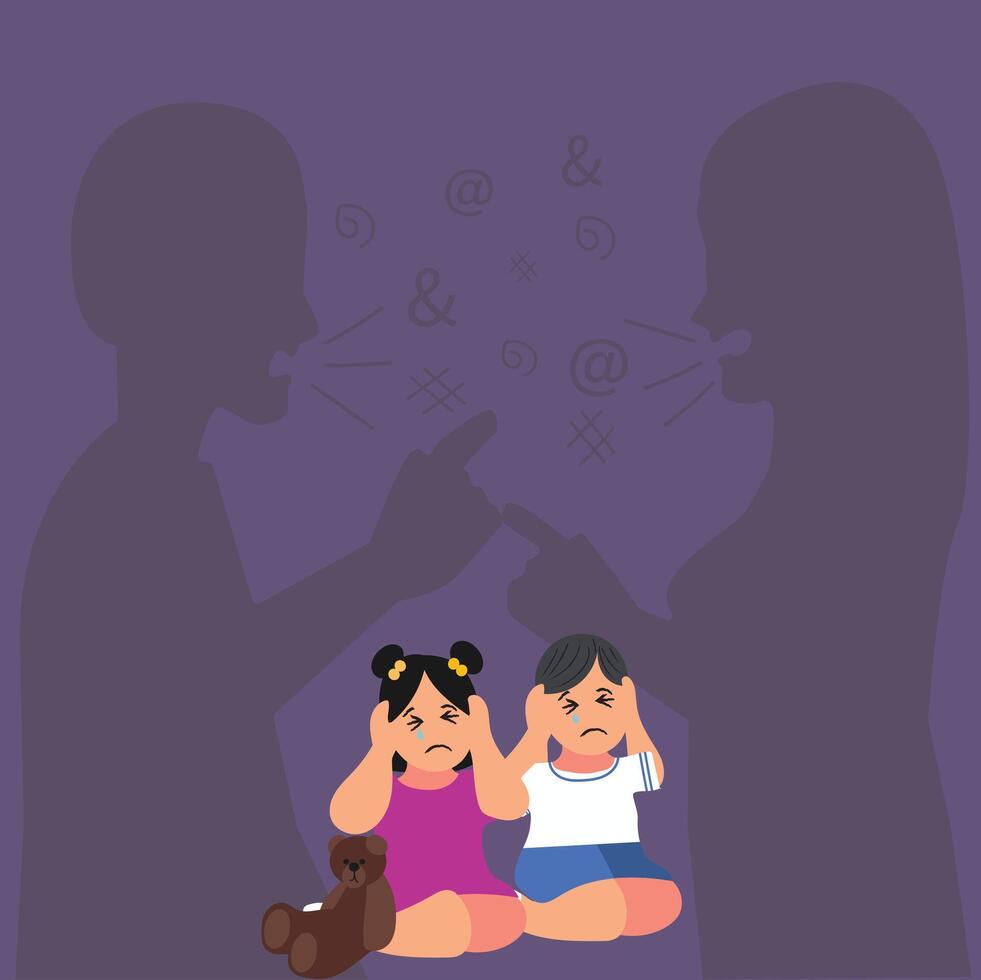 pequeño llorando asustado niña acecho su padres gritos y disputas. violencia en un familia concepto bandera volantes o aterrizaje pagina.enojada padres. incorrecto educación, psicológico trauma. vector