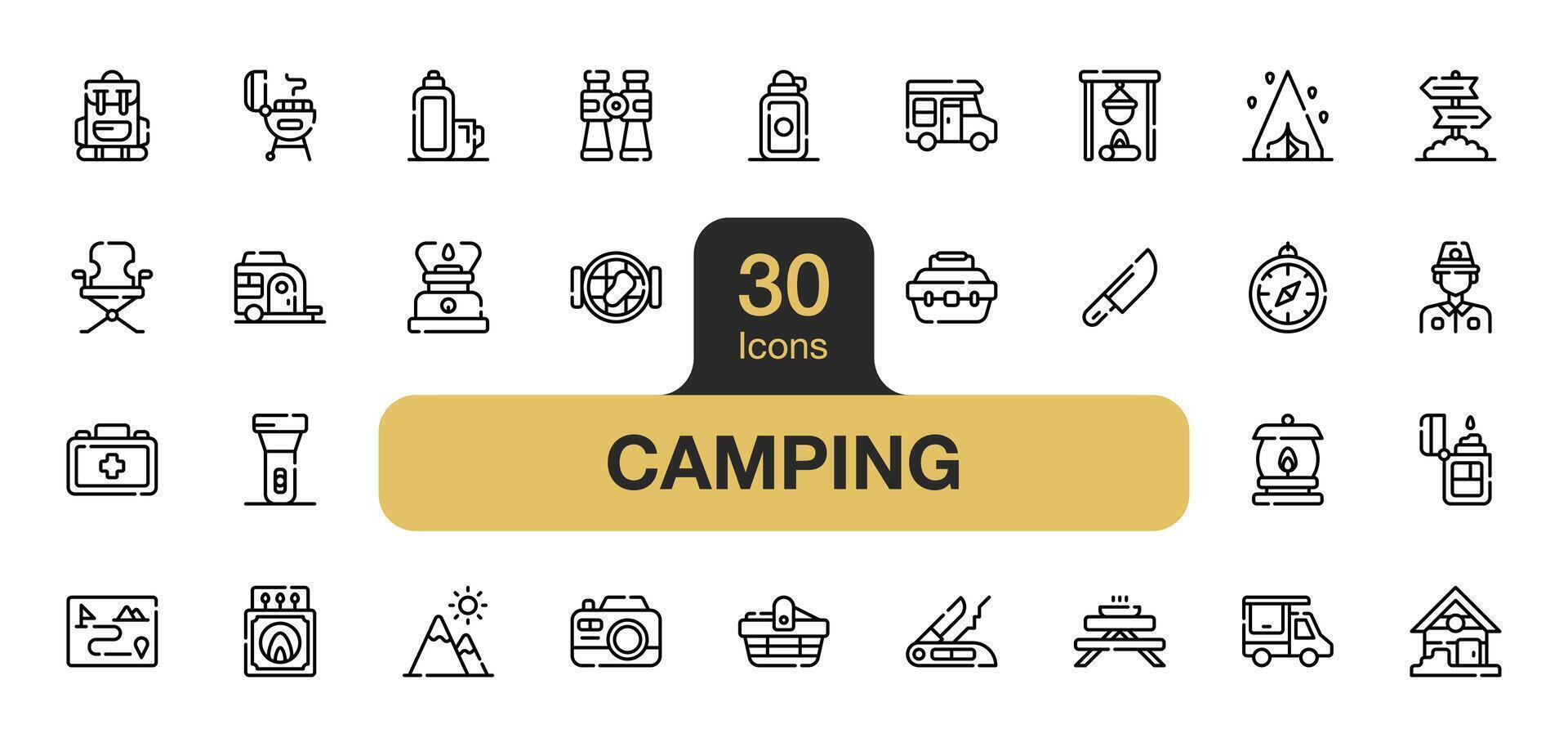 Set of 30 Camping icon element sets. Includes cutting knife, matchbox, truck, backpack, picnic basket, camper van, and More. Outline icons vector collection.