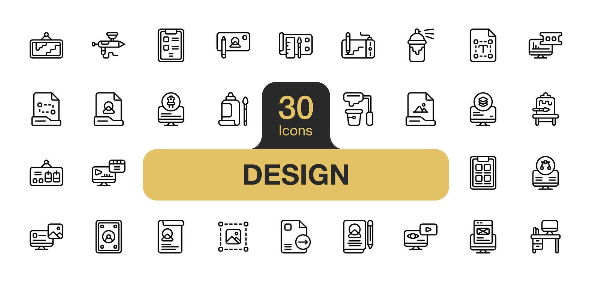 Set of 30 Graphic Design icon element sets. Includes visual communication, motion graphic, resizing, design process, and More. Outline icons vector collection.