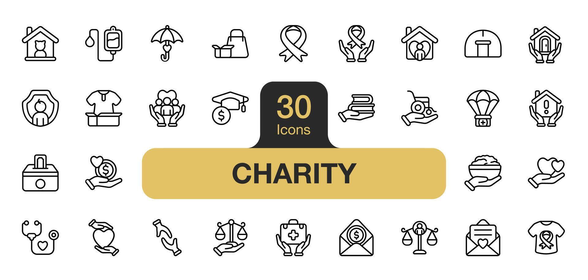 Set of 30 Charity icon element sets. Includes Volunteer, Donation, Sheltering, Charity support, and More. Outline icons vector collection.