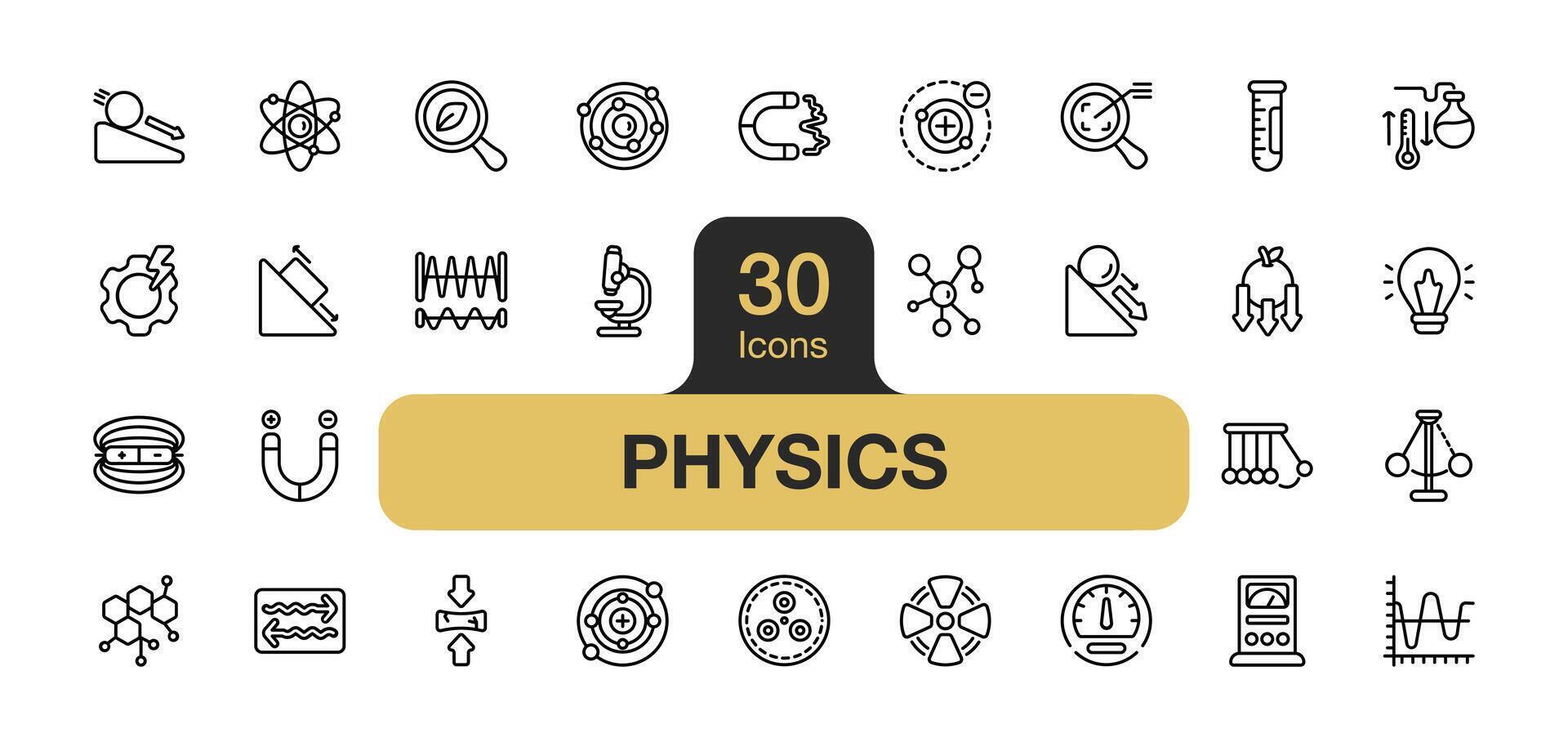 Set of 30 Physics icon element sets. Includes Atom, Molecule, Electron, Proton, Photon, Quark, Microscope, Voltmeter, Magnetism, Gravity, and More. Outline icons vector collection.