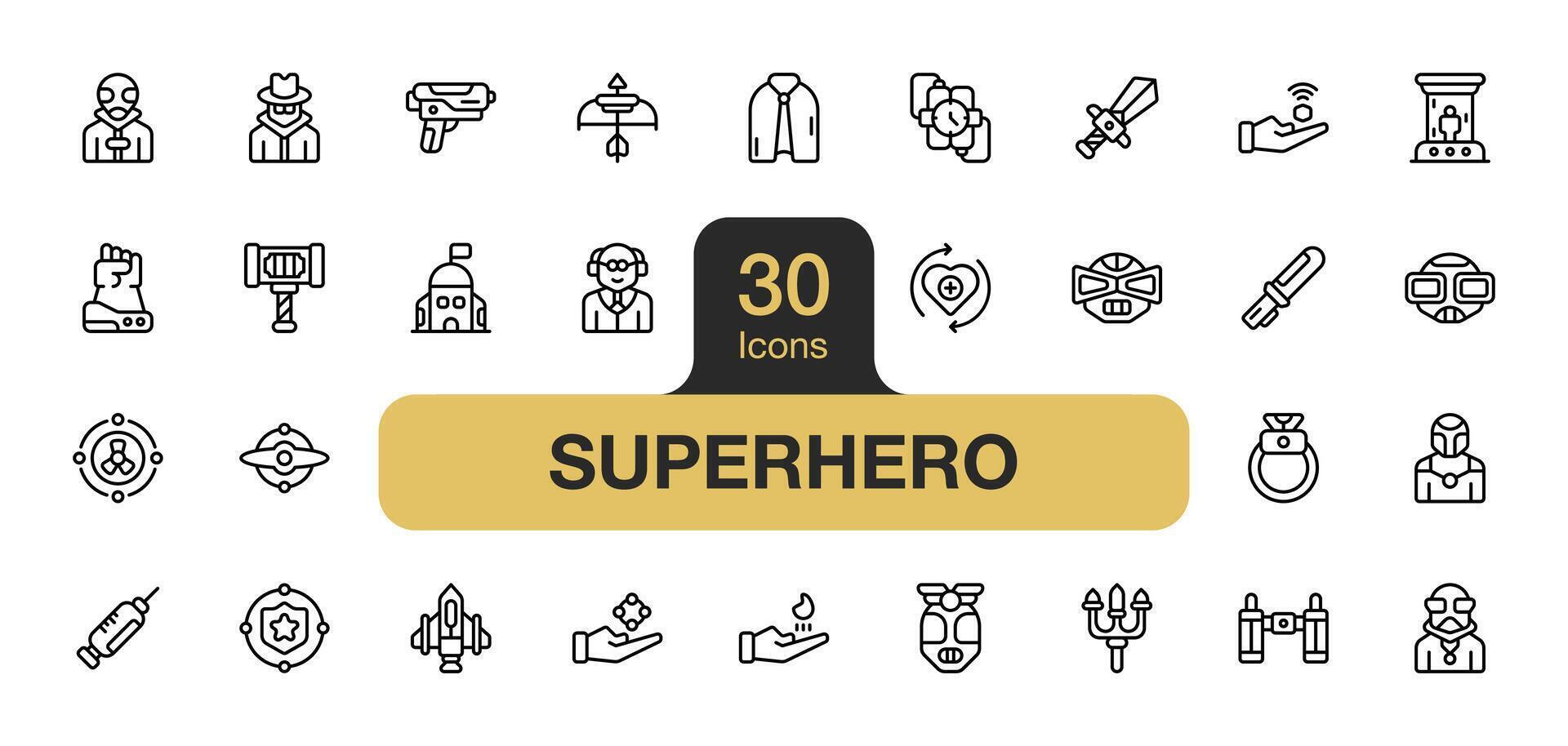 Set of 30 Superhero icon element sets. Includes Hammer, villain, Trident, Helmet, Telekinesis, Robot, Teleport, Sword, and More. Outline icons vector collection.