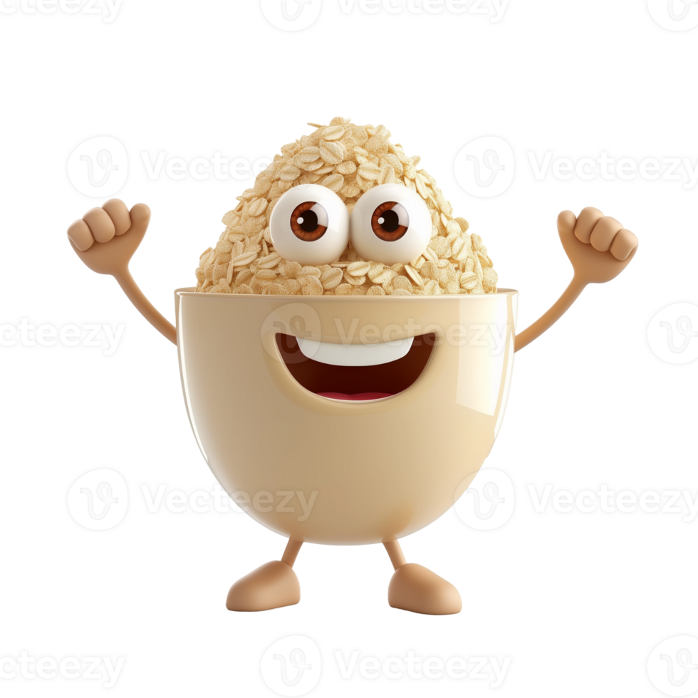 AI generated Animated smiling bowl of oats character with arms raised, isolated on a transparent background, representing a healthy breakfast concept png