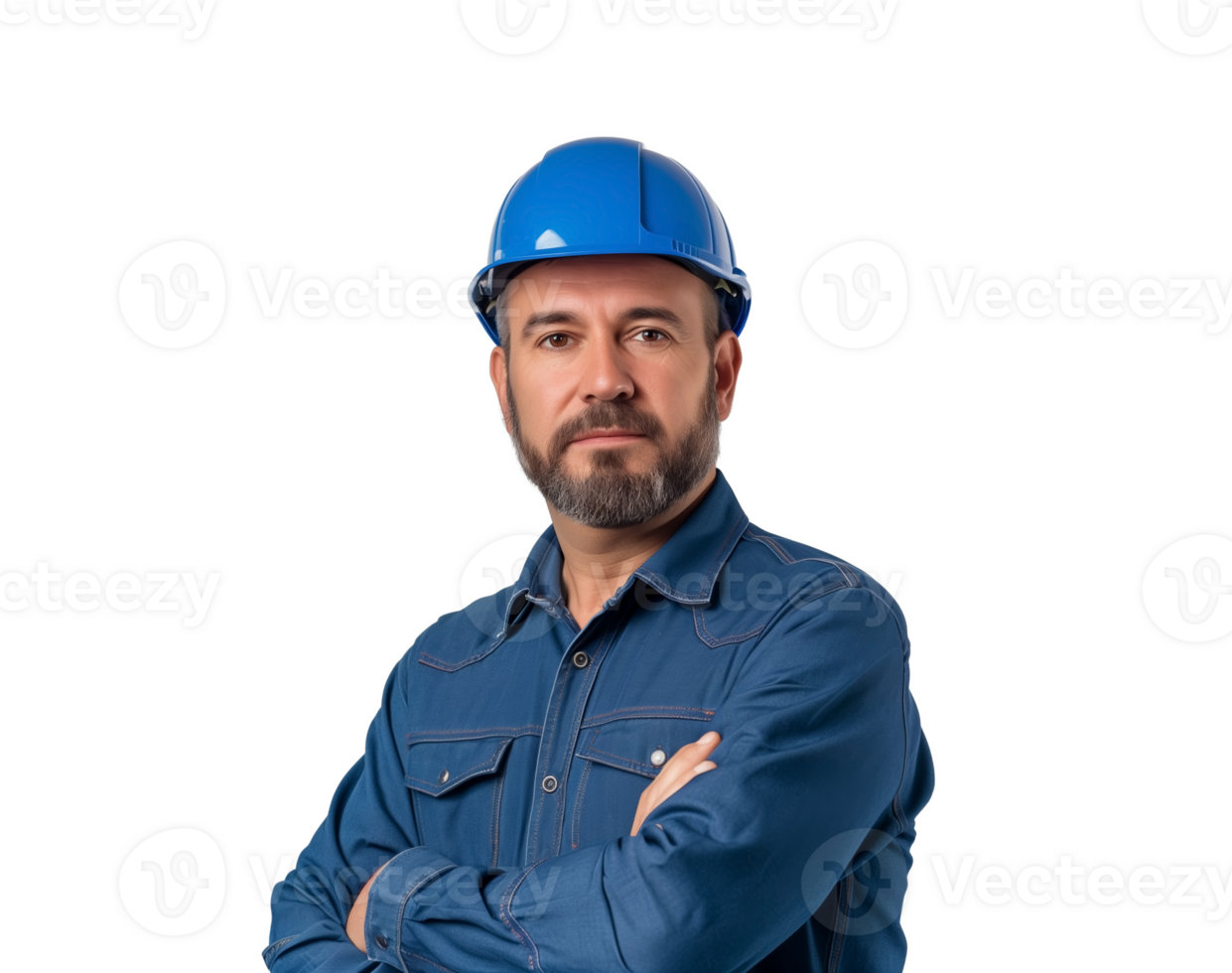 AI generated Confident male worker in blue uniform and safety helmet, arms crossed, isolated on a transparent background  ideal for Labor Day promotions Ethnicity unspecified png
