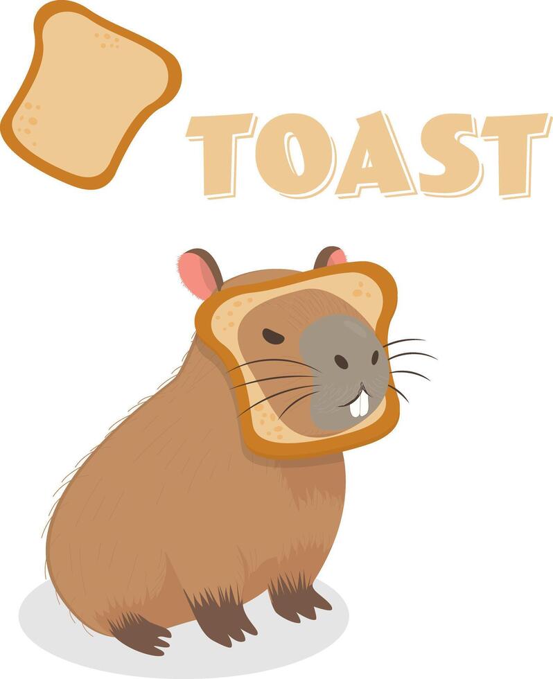 A funny angry capybara stuck its snout into toasted bread. Capytoast. Cartoon flat vector style. Postcard, poster, sticker. A piece of bread toast.