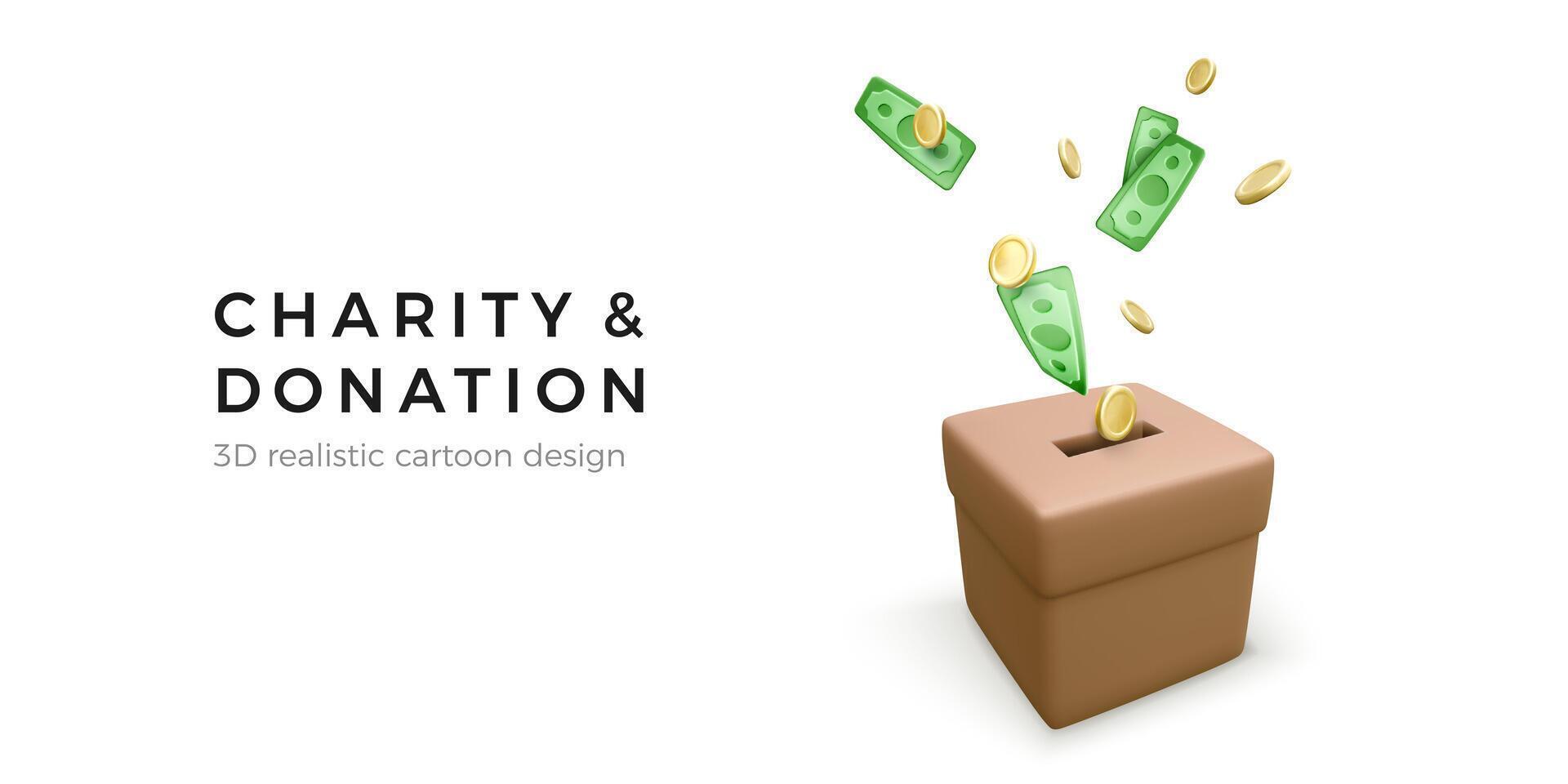 marrón donación caja con que cae oro monedas 3d realista caridad y donación concepto para móvil aplicación o en línea servicio.vector ilustración vector