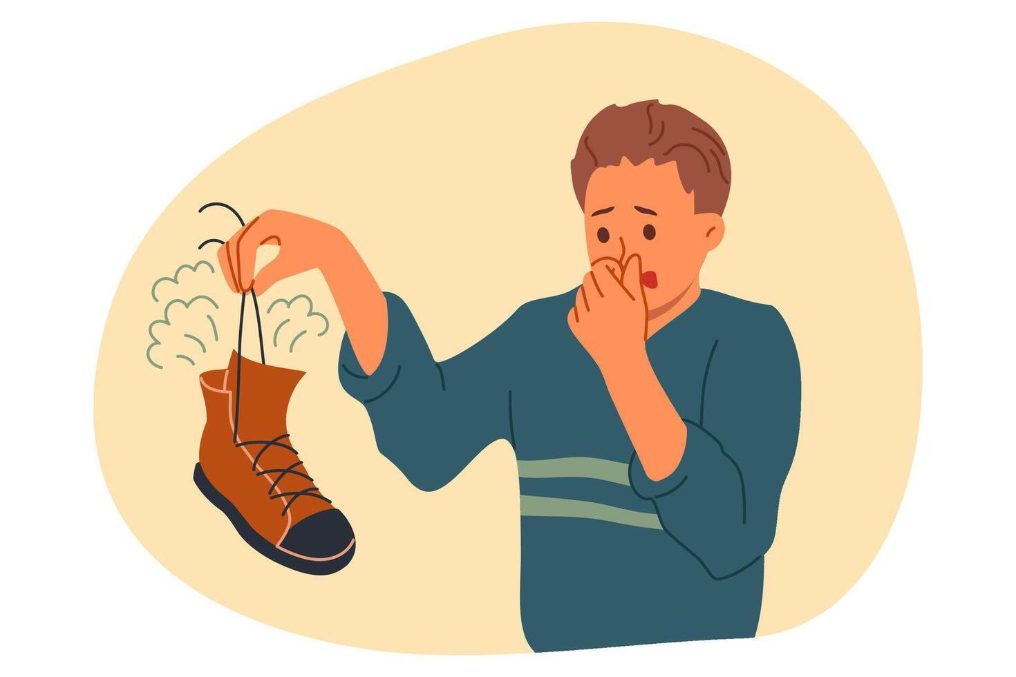 Smelly shoe in hands of man suffering from bad odor and symptoms of foot mycosis. Guy with smelly feet needs help from dermatologist or shoe disinfectant to get rid of stinky bacteria. vector