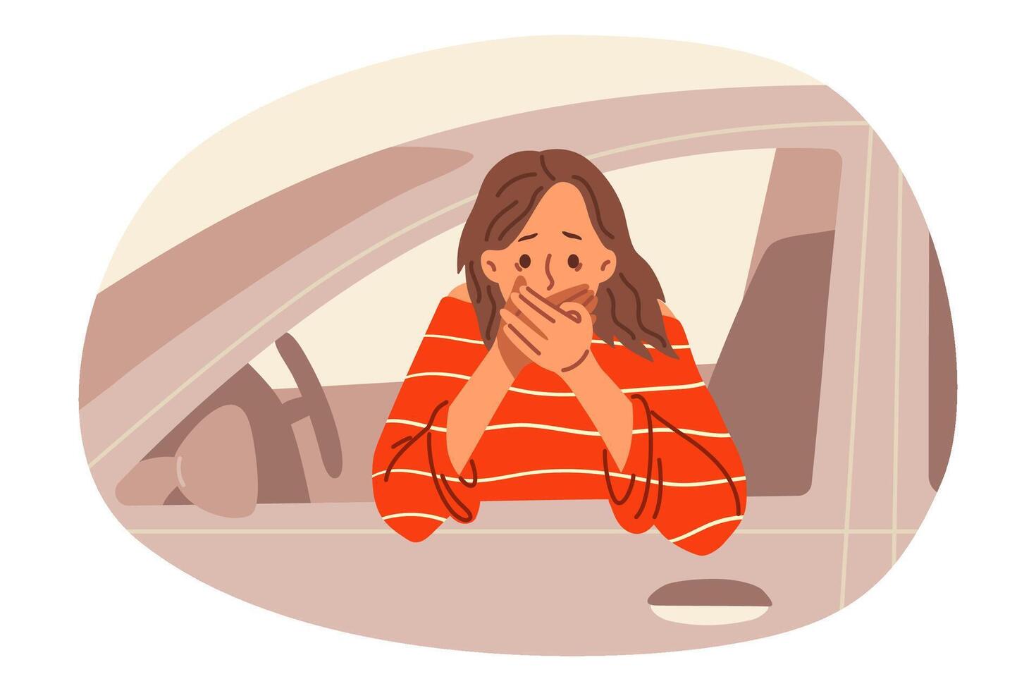 Woman driver suffers from nausea driving, leans out of car and covers mouth with hand. Girl driver who was poisoned during lunch feels dizzy and has symptoms foreshadowing vomiting. vector