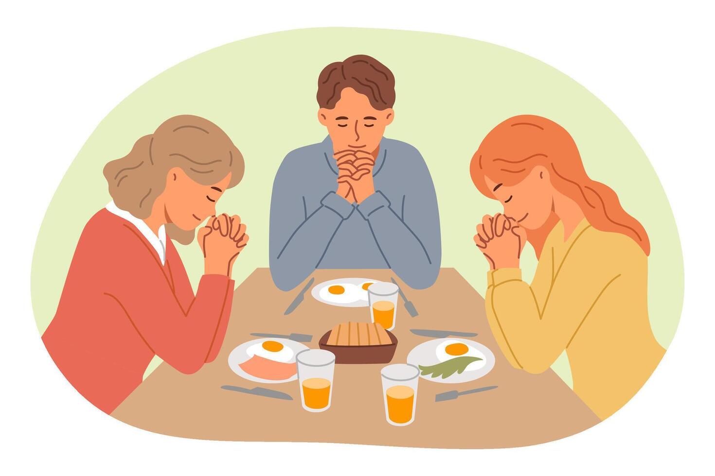 Lunchtime prayer from catholic family thanking god for presence of food on table and opportunity to eat deliciously. Christian lunchtime prayer read by two spouses and teenage daughter vector