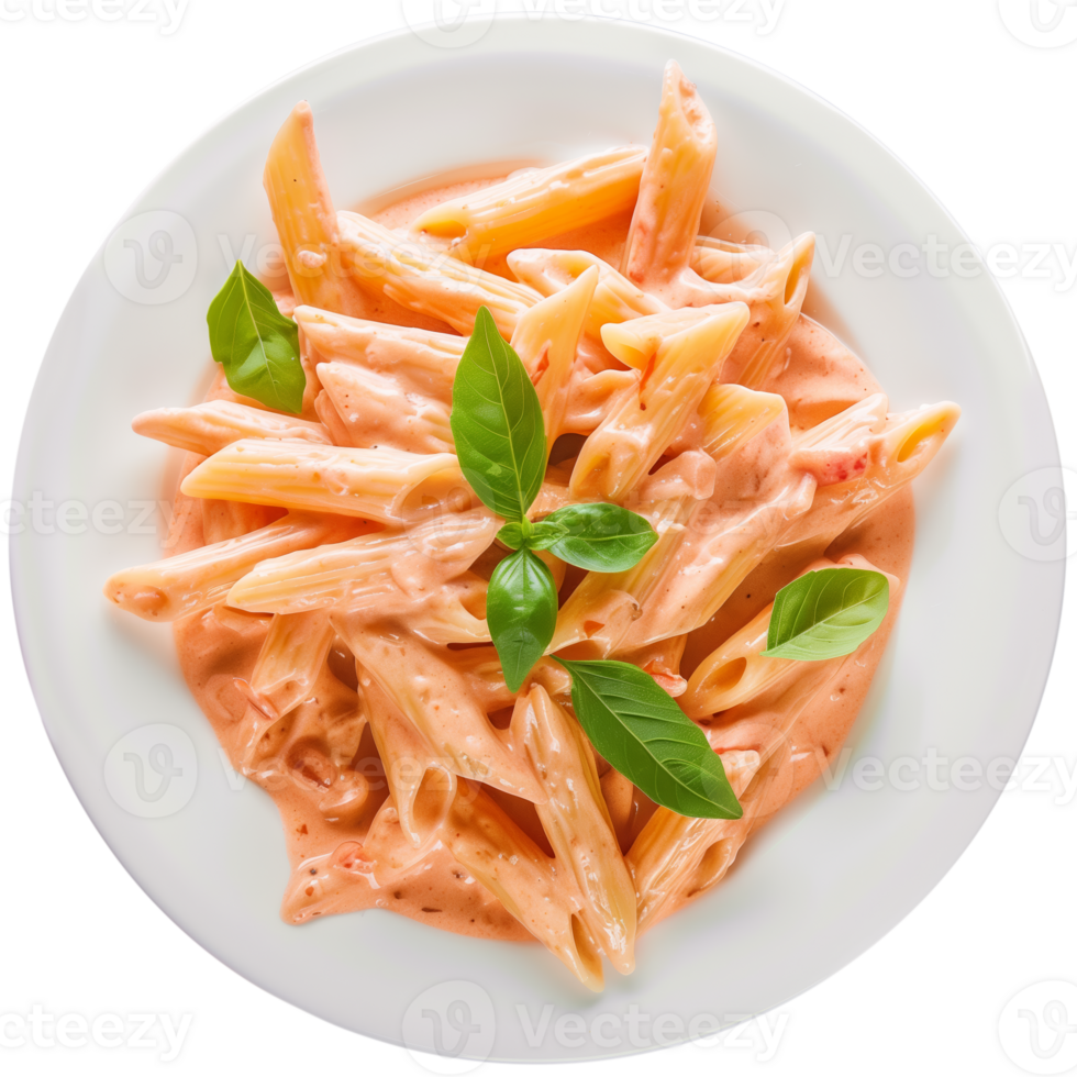 AI generated Creamy tomato penne pasta with fresh basil isolated on a transparent background, ideal for Italian cuisine themed designs and restaurant menus png