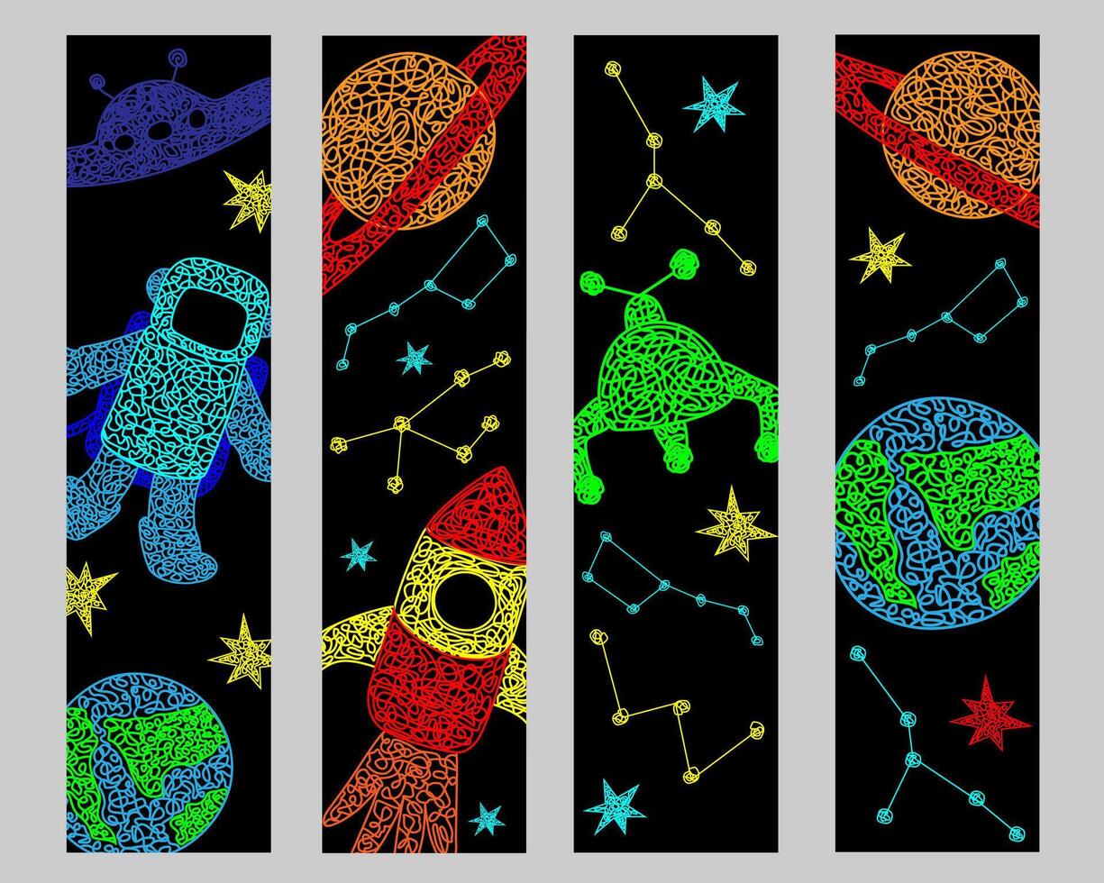 conjunto marcadores con mano dibujado estrellas, volador sauer, planeta, Marte vagabundo, cohete, tierra planeta, constelaciones en negro antecedentes en para niños ingenuo estilo. vector