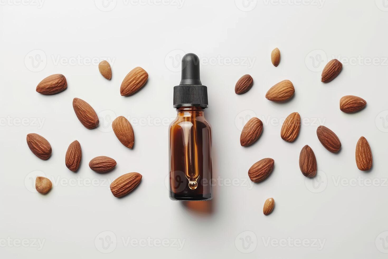 AI generated Flat Lay View of Almond Essential Oil in Amber Dropper Isolated on White Background. generative ai photo