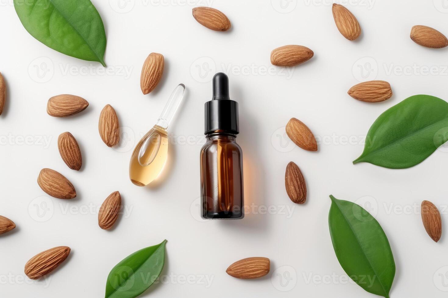 AI generated Flat Lay View of Almond Essential Oil in Amber Dropper Isolated on White Background. generative ai photo