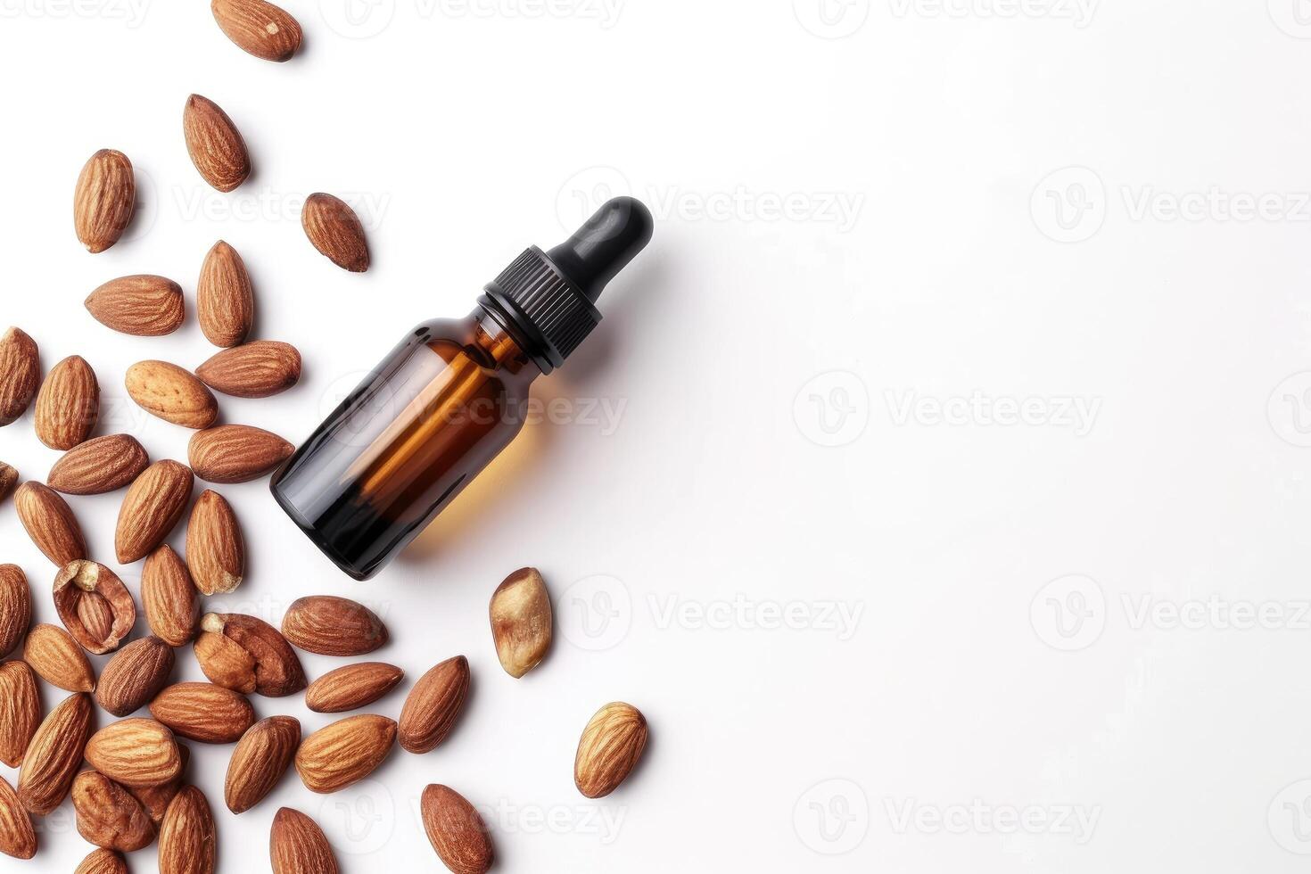 AI generated Flat Lay View of Almond Essential Oil in Amber Dropper Isolated on White Background. generative ai photo