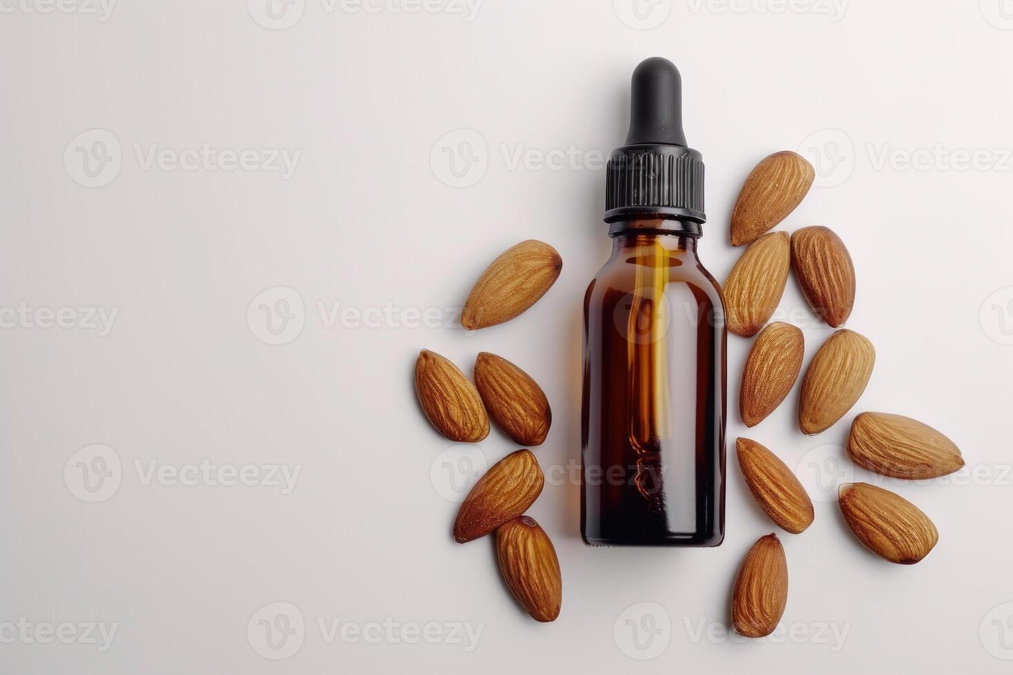 AI generated Flat Lay View of Almond Essential Oil in Amber Dropper Isolated on White Background. generative ai photo