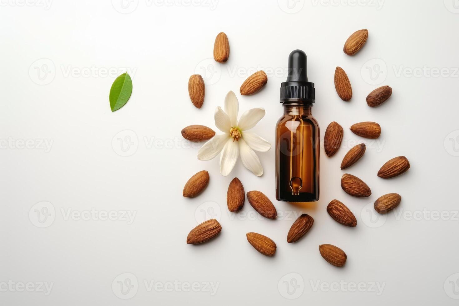 AI generated Flat Lay View of Almond Essential Oil in Amber Dropper Isolated on White Background. generative ai photo