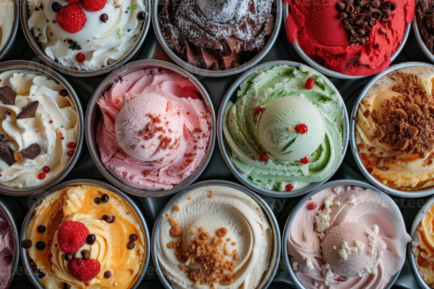 AI generated Gelato Galore-Italy's Sweet Frozen Delights, Flat lay view photo