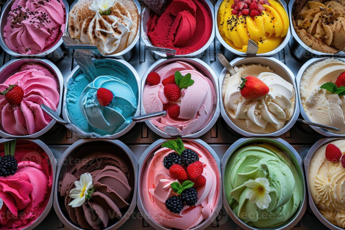 AI generated Gelato Galore-Italy's Sweet Frozen Delights, Flat lay view photo