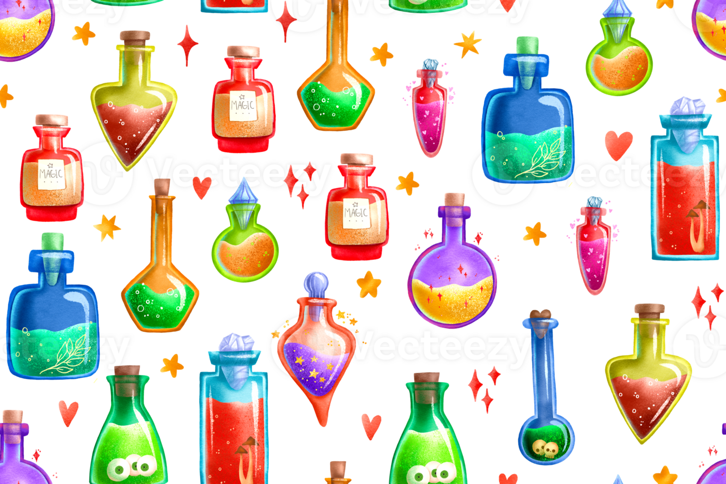 Seamless pattern with glass flasks. Magic potions and tinctures, elixirs. Wrapping paper, design and printing. Illustration entitled. Magic potions with eyes, skulls, glibs. Black magic png