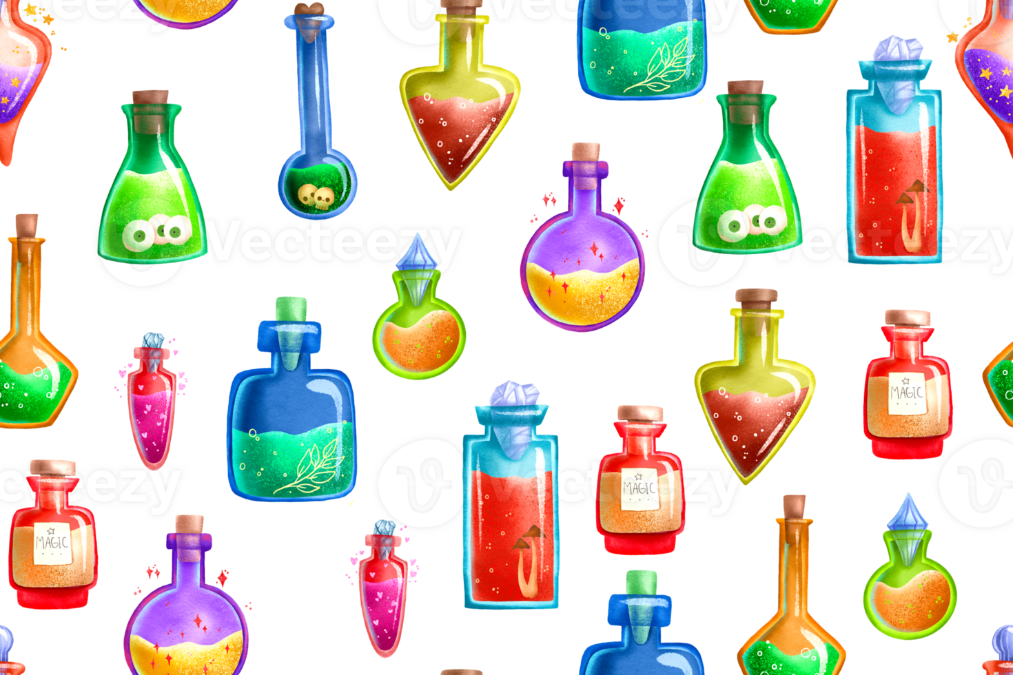 Seamless pattern with glass flasks. Magic potions. Tinctures and magic elixirs. Wrapping paper. Illustration entitled. Magic potions with eyes, skulls, glibs. Black magic png