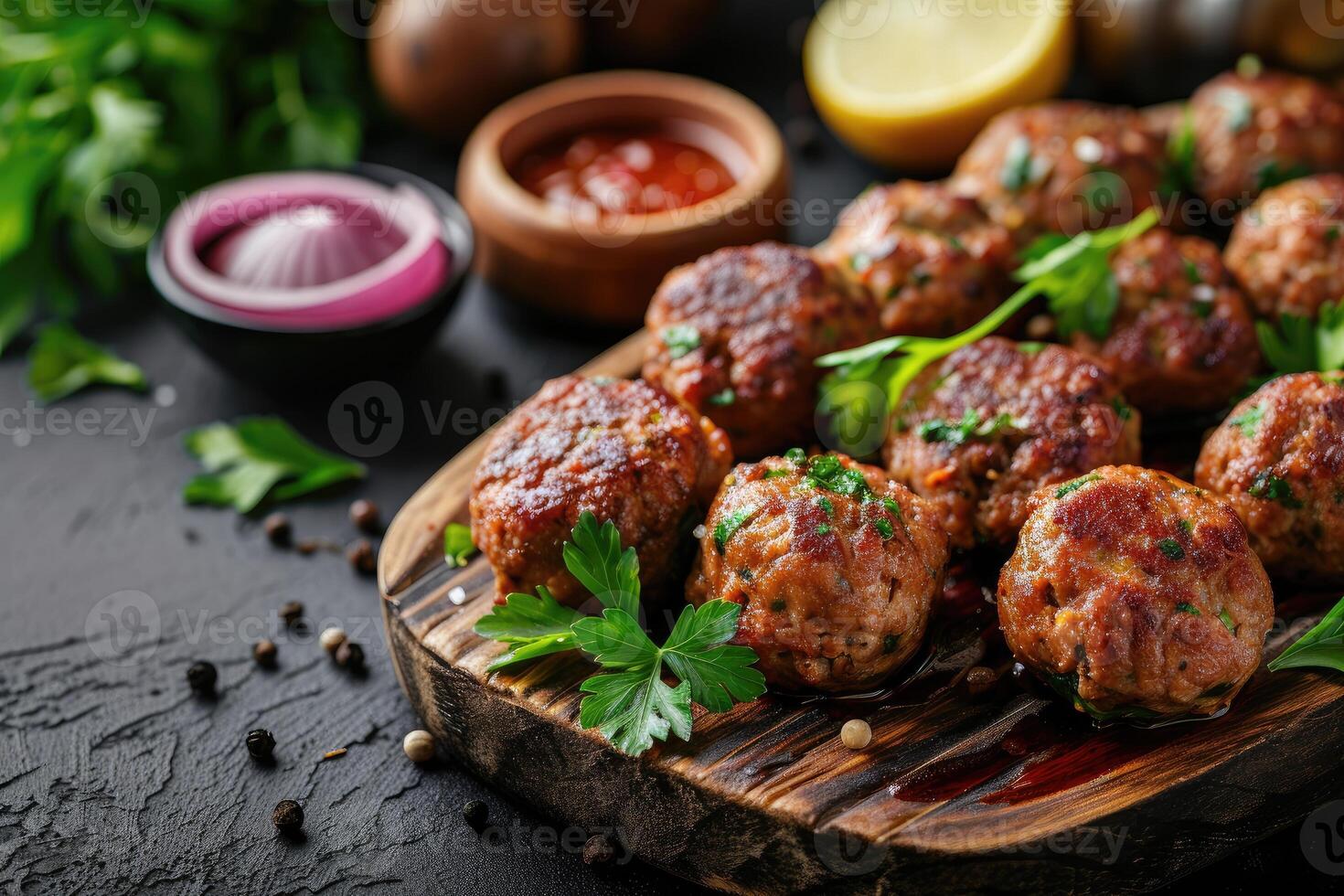 AI generated Lamb kofta meatballs in dark kitchen background ,Koftas are an Indian Cuisine. generative ai photo