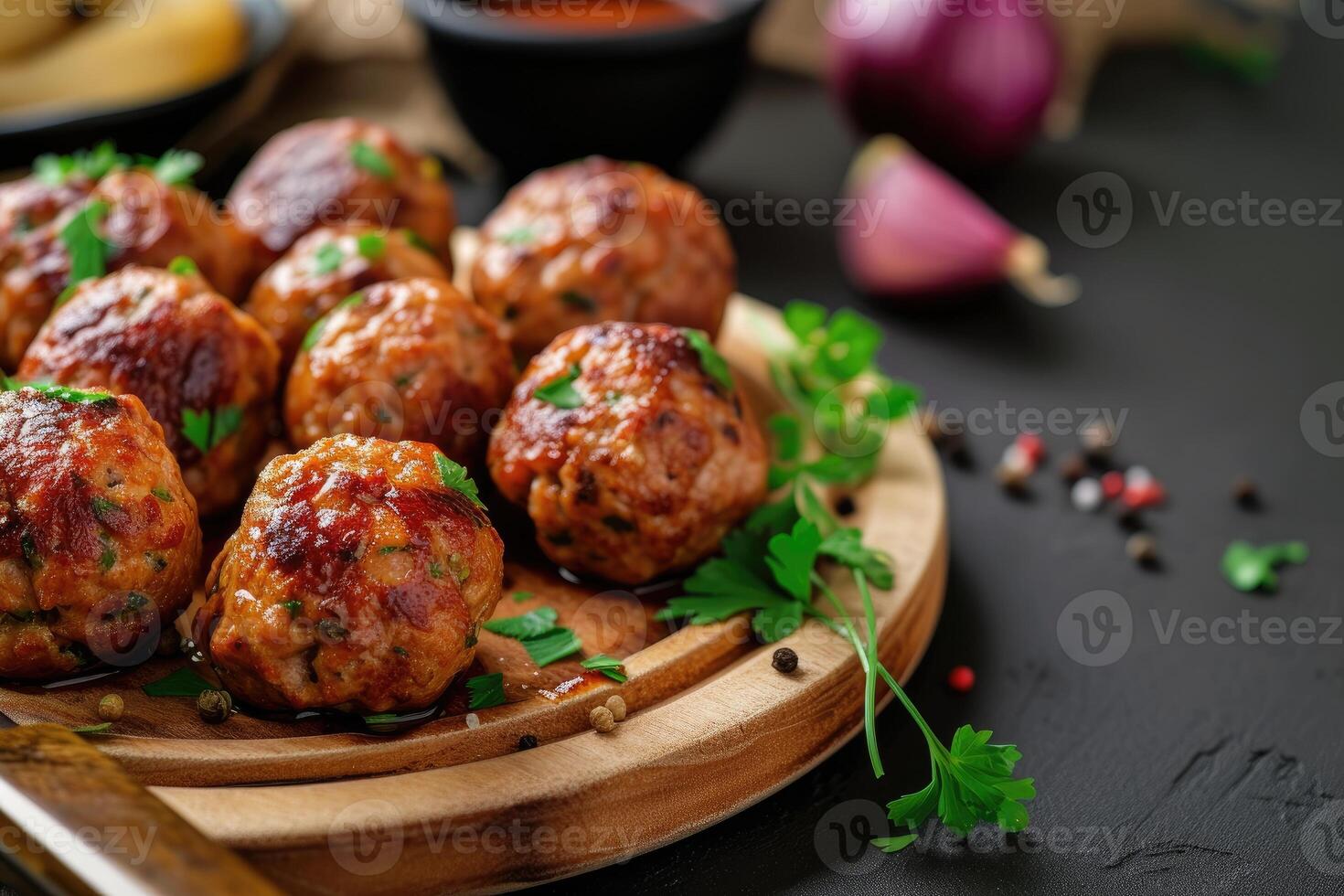 AI generated Lamb kofta meatballs in dark kitchen background ,Koftas are an Indian Cuisine. generative ai photo