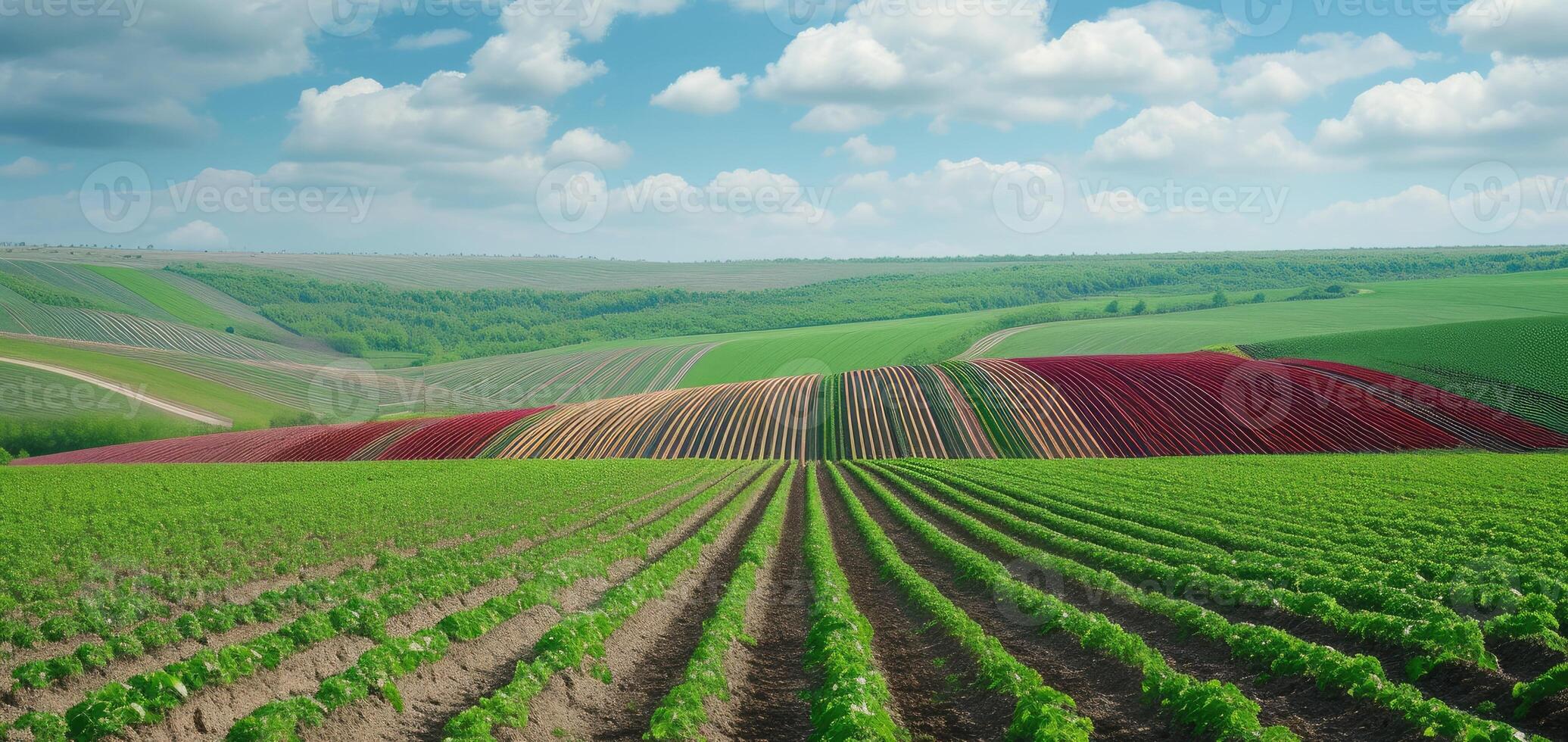 AI generated Panoramica View Ofcolorful Fields, and Rows of Currant Bush Seedlings as A Background Composition. generative ai photo