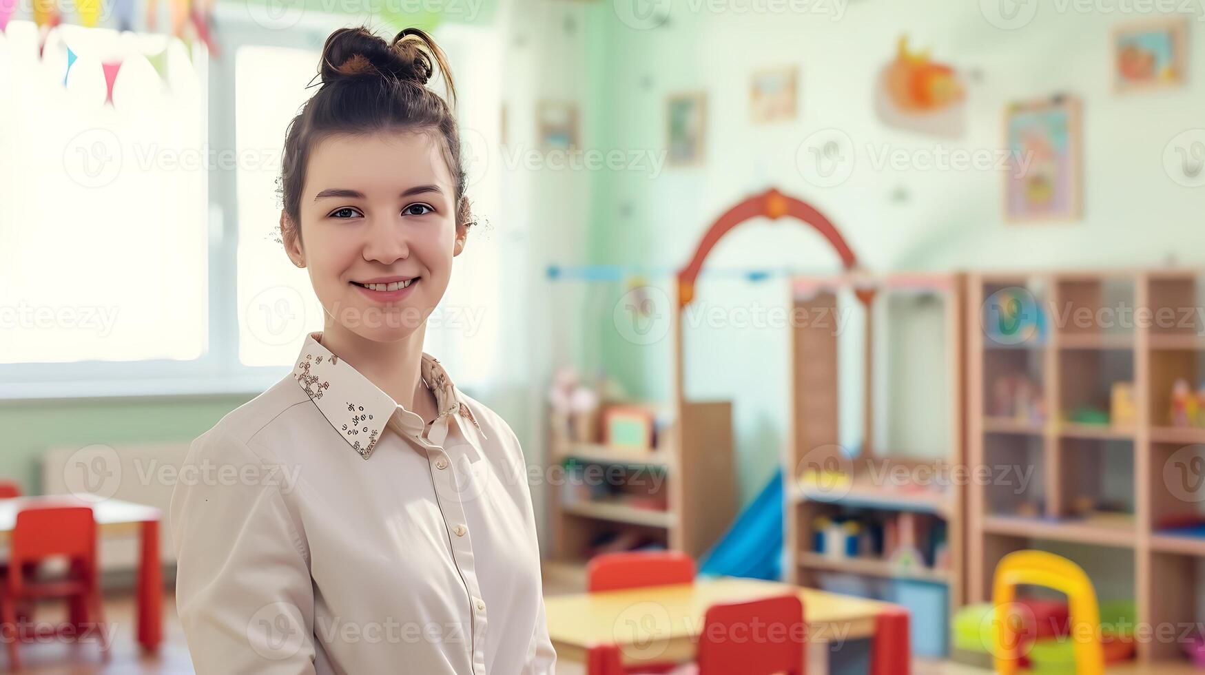 ai generado joven mujer en pie en lleno de juguetes habitación. generativo ai. foto