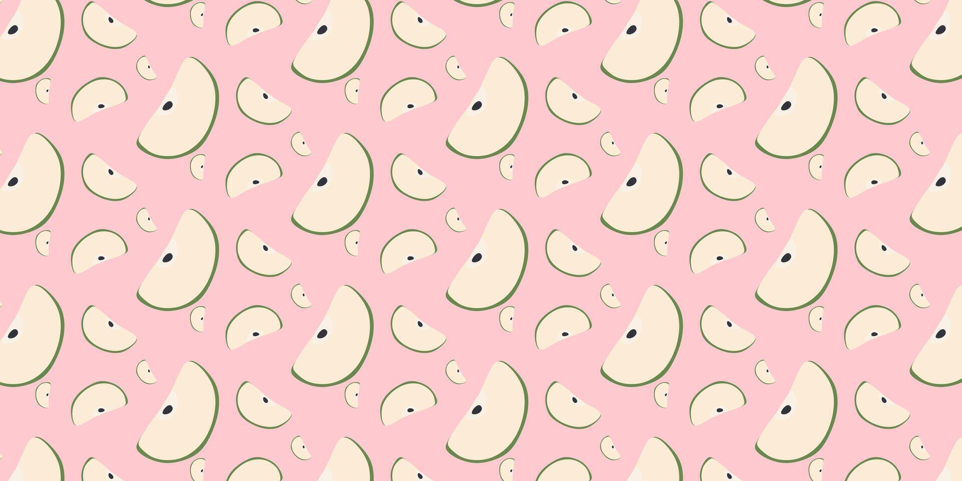 Vector seamless pattern with Apples on Pink background. Fruit Slices of varieties, cripps pink, empire, fuji, gala, golden, granny smith. Fresh and Healthy template for Textile, Wrapping paper, Decor.