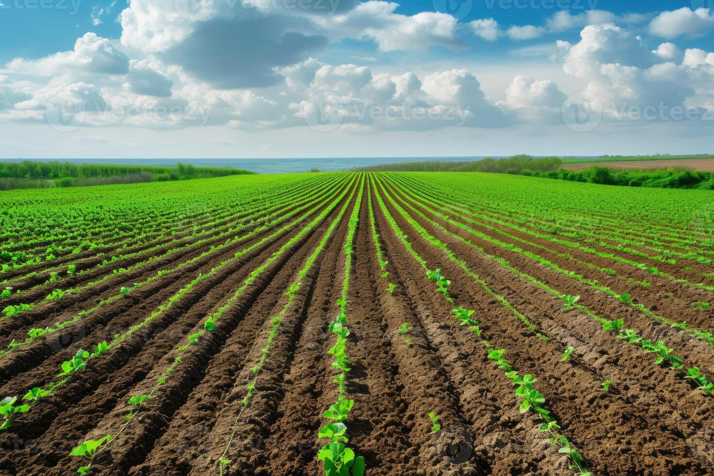 AI generated Panoramica View Ofcolorful Fields, and Rows of Currant Bush Seedlings as A Background Composition. generative ai photo