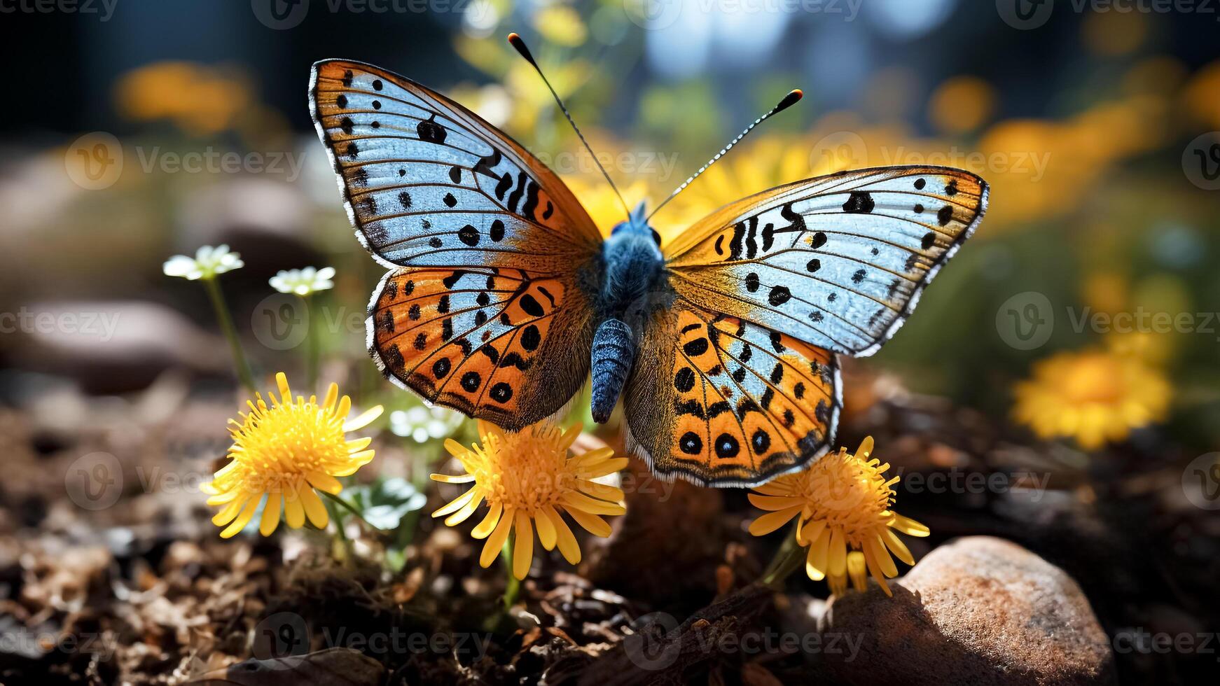 AI generated A Spotted Lilac Tree Nymph Butterfly on Yellow Flower in The Garden. Nature Background. Macro Beauty. photo