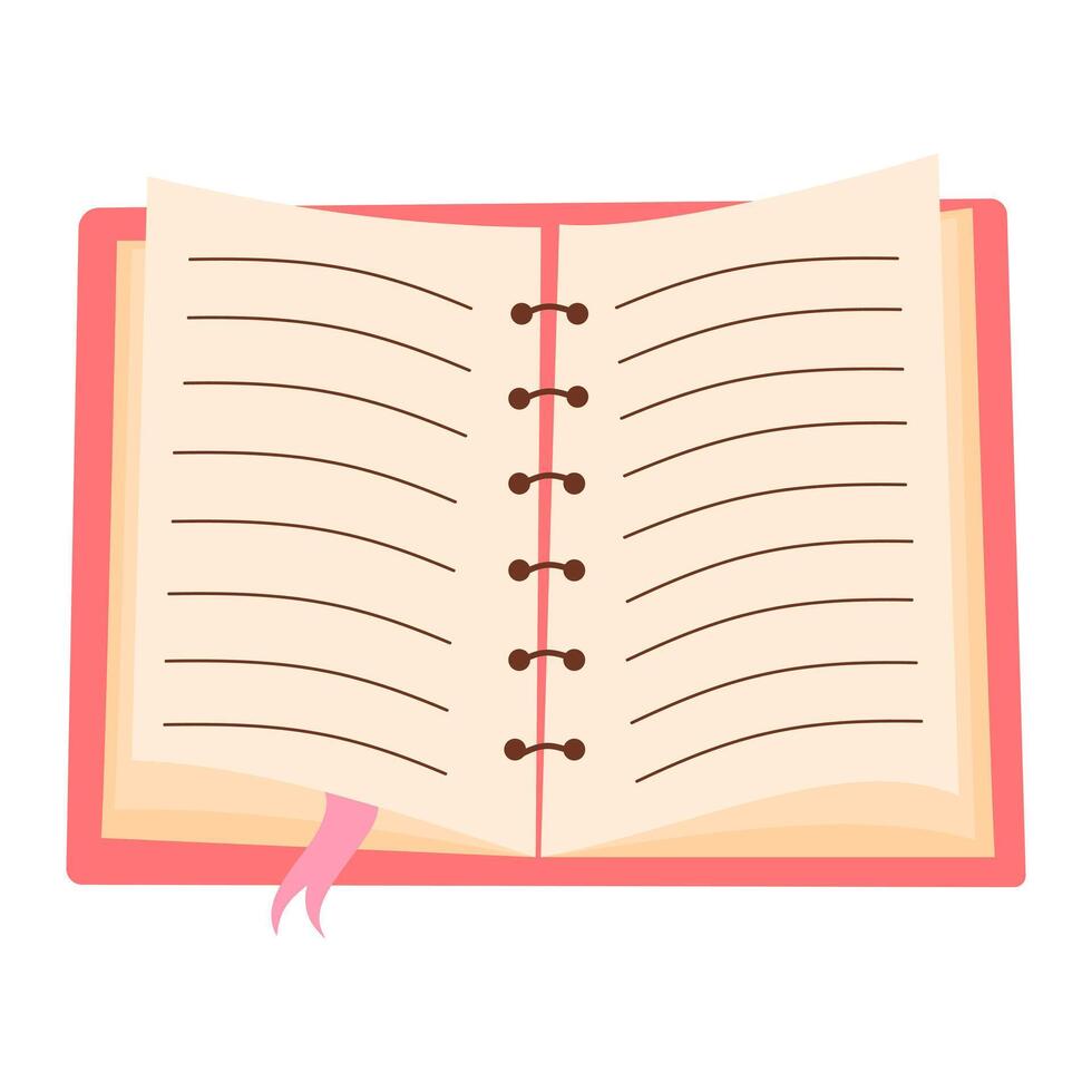 Open spiral-bound book with bookmark. Ring-bound notebook with empty lined paper sheets. vector